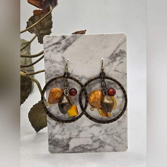 "5/$25" Brasstone Multicolored Bead Open Circle Dangle Earrings - Picture 1 of 1